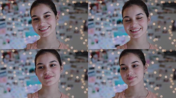 肖像美丽的少女微笑快乐看起来自信的少女在家青少年自我形象概念4k镜头