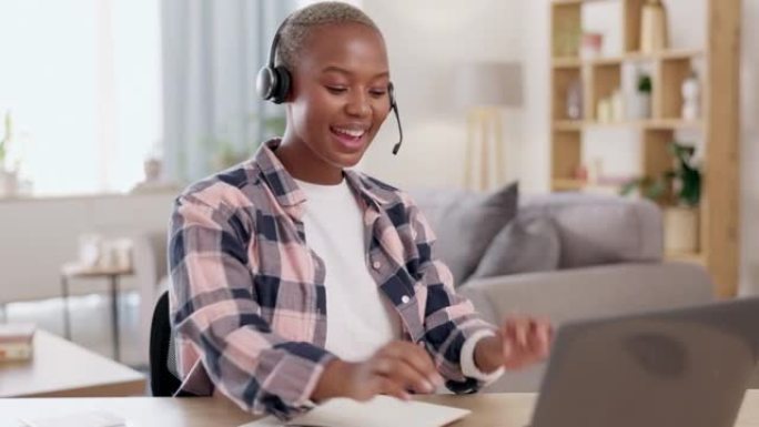 远程工作，电话销售呼叫中心的笔记本电脑或黑人妇女，客户服务或技术支持。沟通、客户关系管理或销售代理在