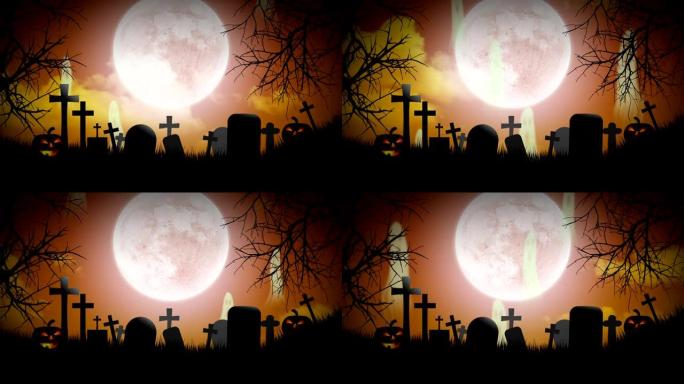 万圣节背景，南瓜、月亮和墓地