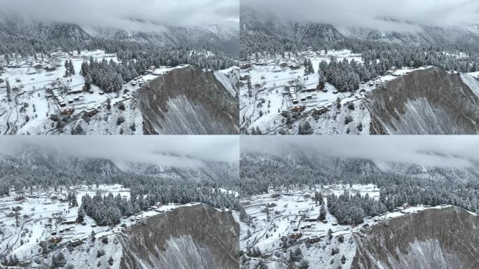 空中无人机视图日出风景，早晨雾和雪在童话草甸国家公园与拉赫希奥特冰川在南加帕尔巴特山，喀喇昆仑山，喜
