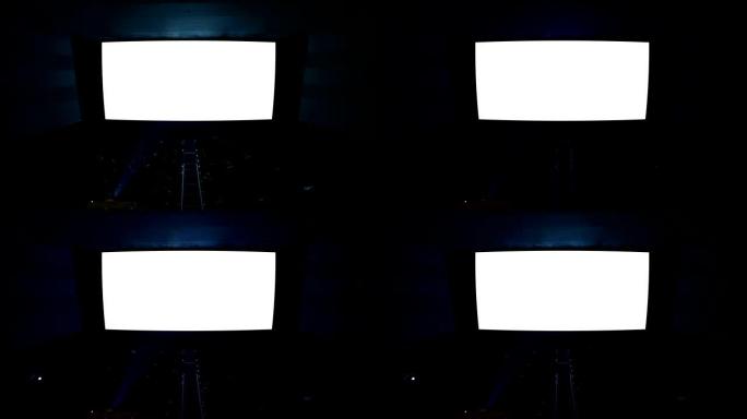 白色电影院屏幕，配有投影仪灯和观众。