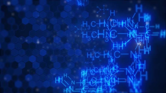 化学结构背景。化学式结构移动动画。相机飞行通过化学配方结构保健医学背景，多巴胺排毒结构背景