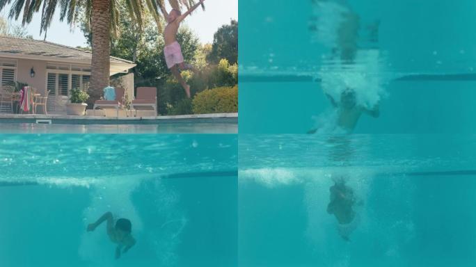 小男孩跳进游泳池淹没水下嬉水在阳光明媚的日子玩得开心快乐的孩子在度假屋享受暑假4k
