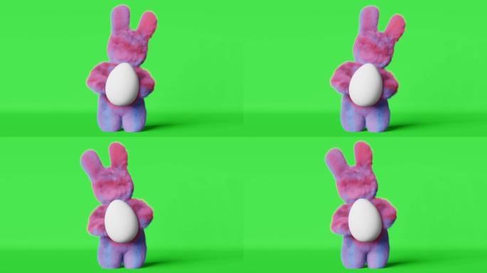可爱毛绒毛绒复活节兔子白蛋问候3d动画循环chromakey 4K。紫色毛皮搞笑兔子当代创意风格现代