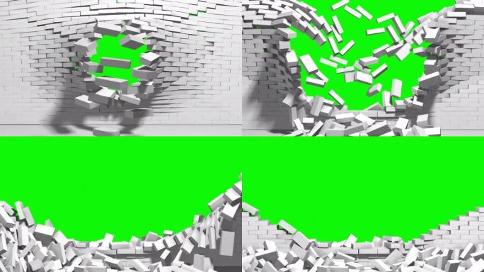 绿色色度关键背景中的白色砖墙爆炸
