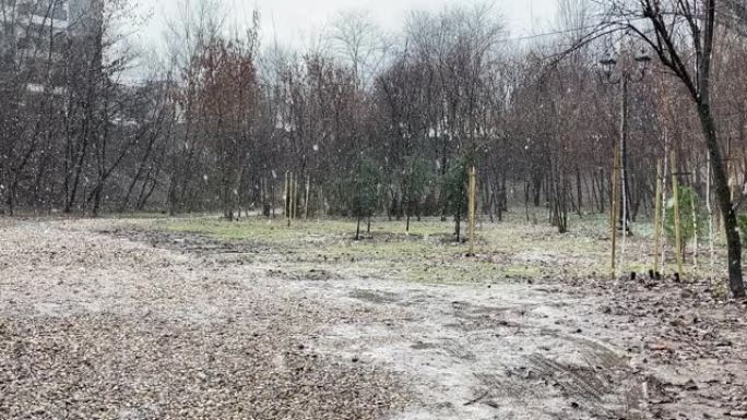 罗马尼亚布加勒斯特冬季下雪时美丽的stigclariei公园的4k镜头