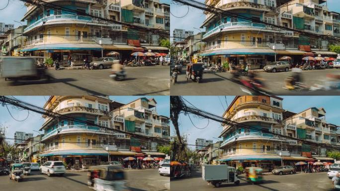 时间流逝的街角与交通在金边，柬埔寨