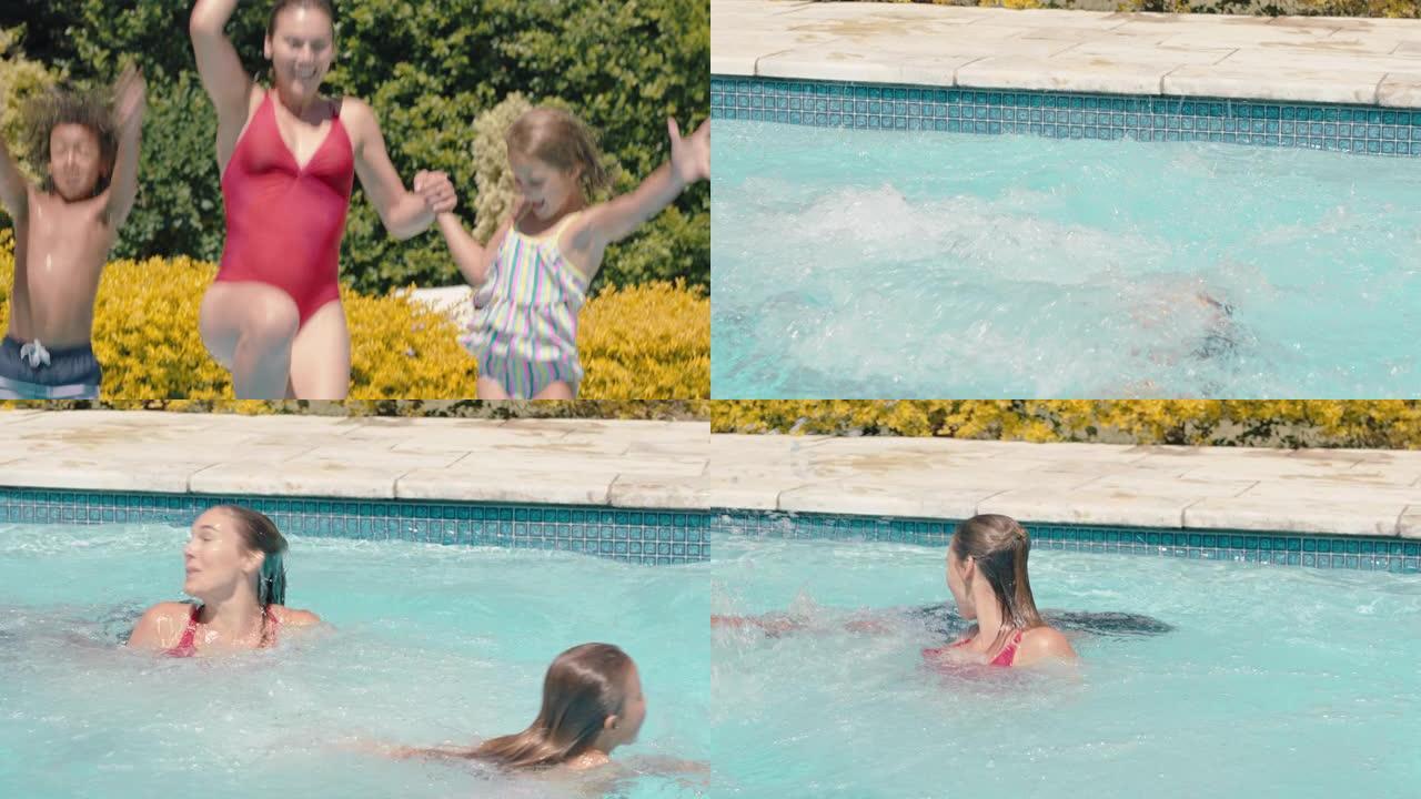 母亲带着孩子一起跳进游泳池快乐的家庭嬉戏享受夏天在凉水中嬉戏4k