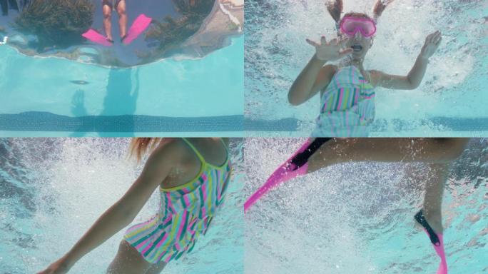 水下景观小女孩跳进游泳池穿着脚蹼玩得开心在阳光明媚的日子里游泳泼水快乐的孩子在户外享受暑假4k
