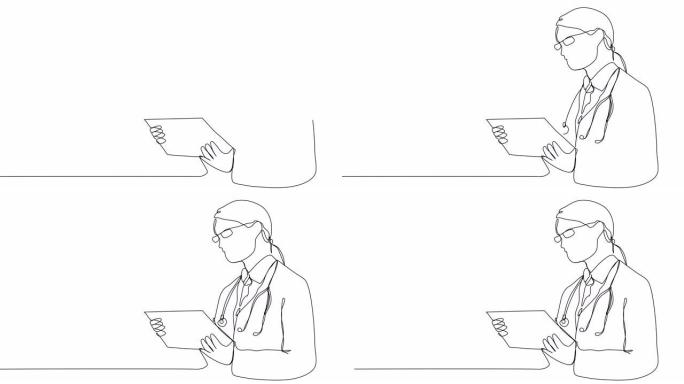 在白色屏幕上使用单线卡的医生自绘图。