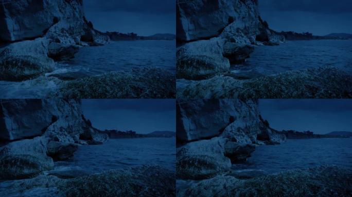 晚上的岩石海岸自然风景夜晚黑天大海角落
