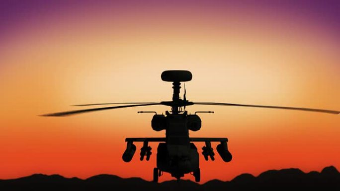 日落高清期间天空中的阿帕奇直升机