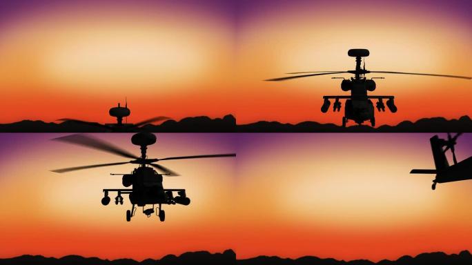 日落高清期间天空中的阿帕奇直升机