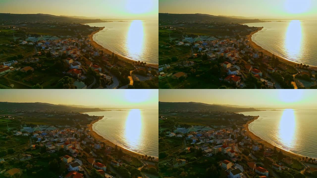 意大利西西里岛日落时分海景小镇的鸟瞰图