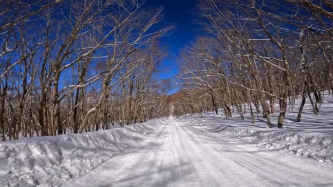 在冬季山区积雪覆盖的道路上行驶