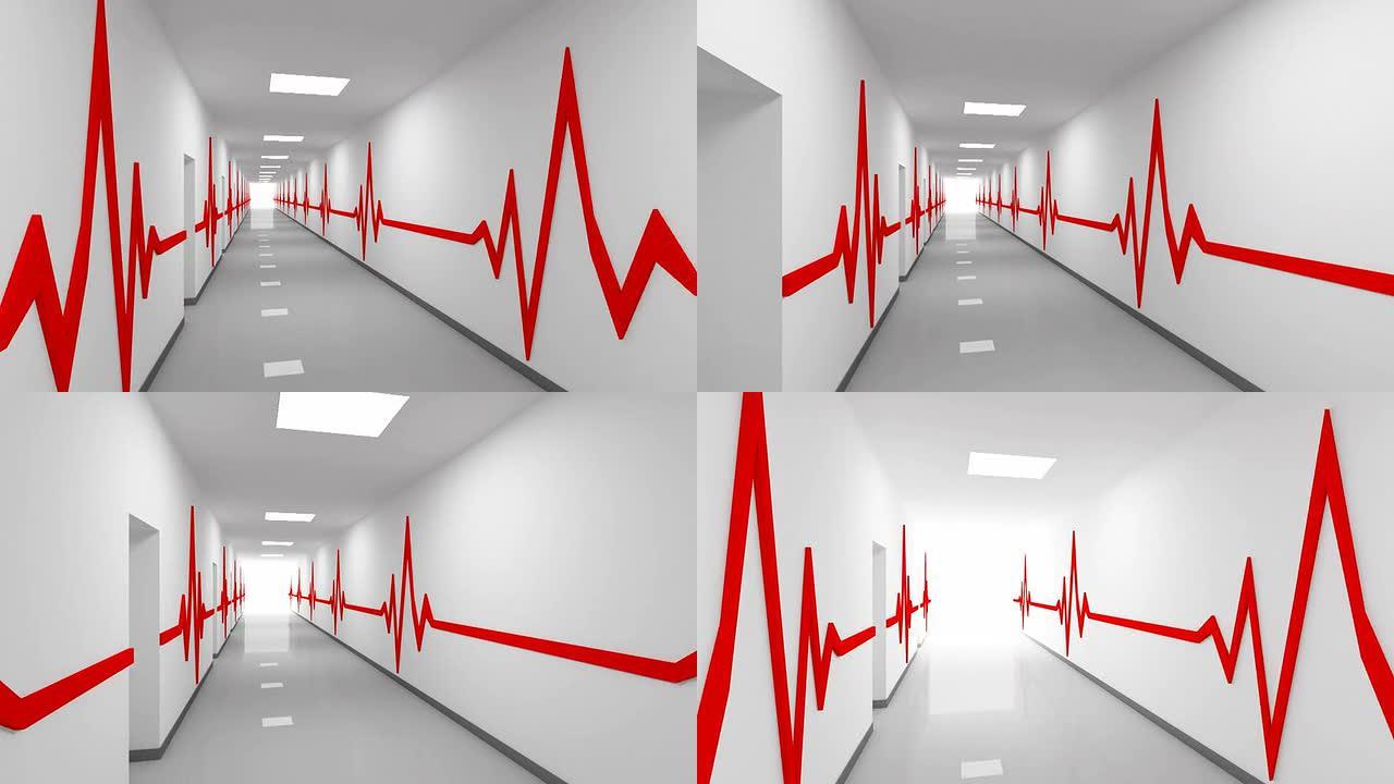 开车穿过抽象的白色医院走廊，走廊上有门，墙上有红色的脉冲线，发光的一端。3d动画