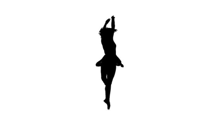 女人在白色背景上旋转和跳舞芭蕾，慢动作，剪影