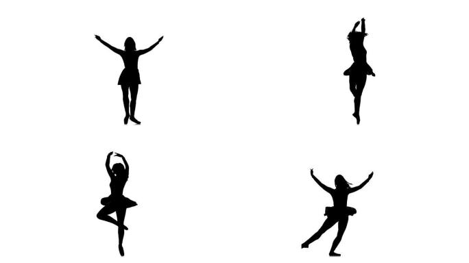 女人在白色背景上旋转和跳舞芭蕾，慢动作，剪影