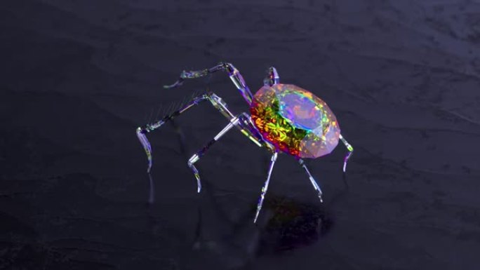 背面有一颗大钻石的水晶蜘蛛跨过深灰色的不平坦表面。3d动画