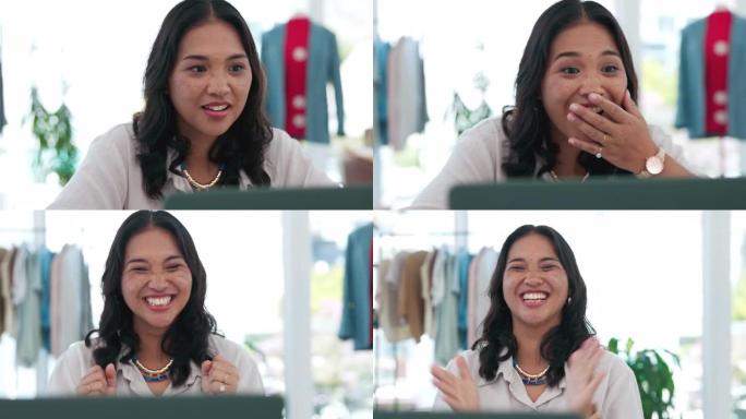 电子商务，时尚和激动的亚洲女性笔记本电脑，为小型企业在线销售和订单带来快乐和掌声。哇，富有创意的初创