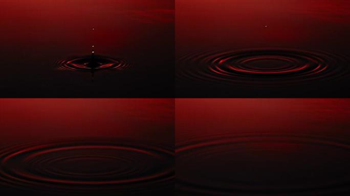 超级慢动作液滴在红色水面上掉落和飞溅