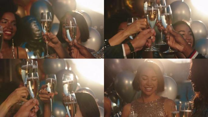一群快乐的朋友庆祝为迷人的派对活动干杯，在正式的社交聚会上穿着时尚的时尚喝着香槟，享受日落4k时的屋