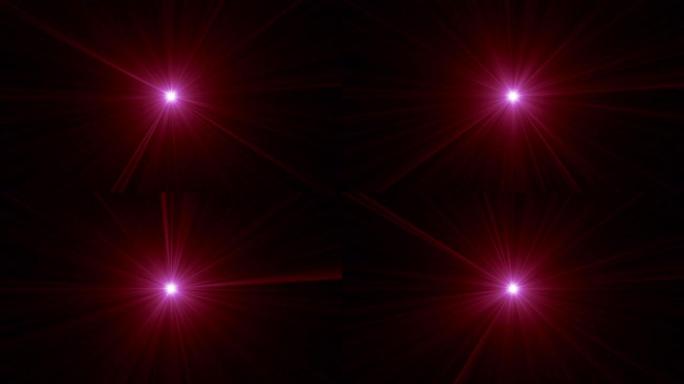 循环中心旋转粉色红星闪耀光学镜头在黑色抽象背景上闪耀闪亮动画艺术。照明灯光线效果动态明亮的视频素材。