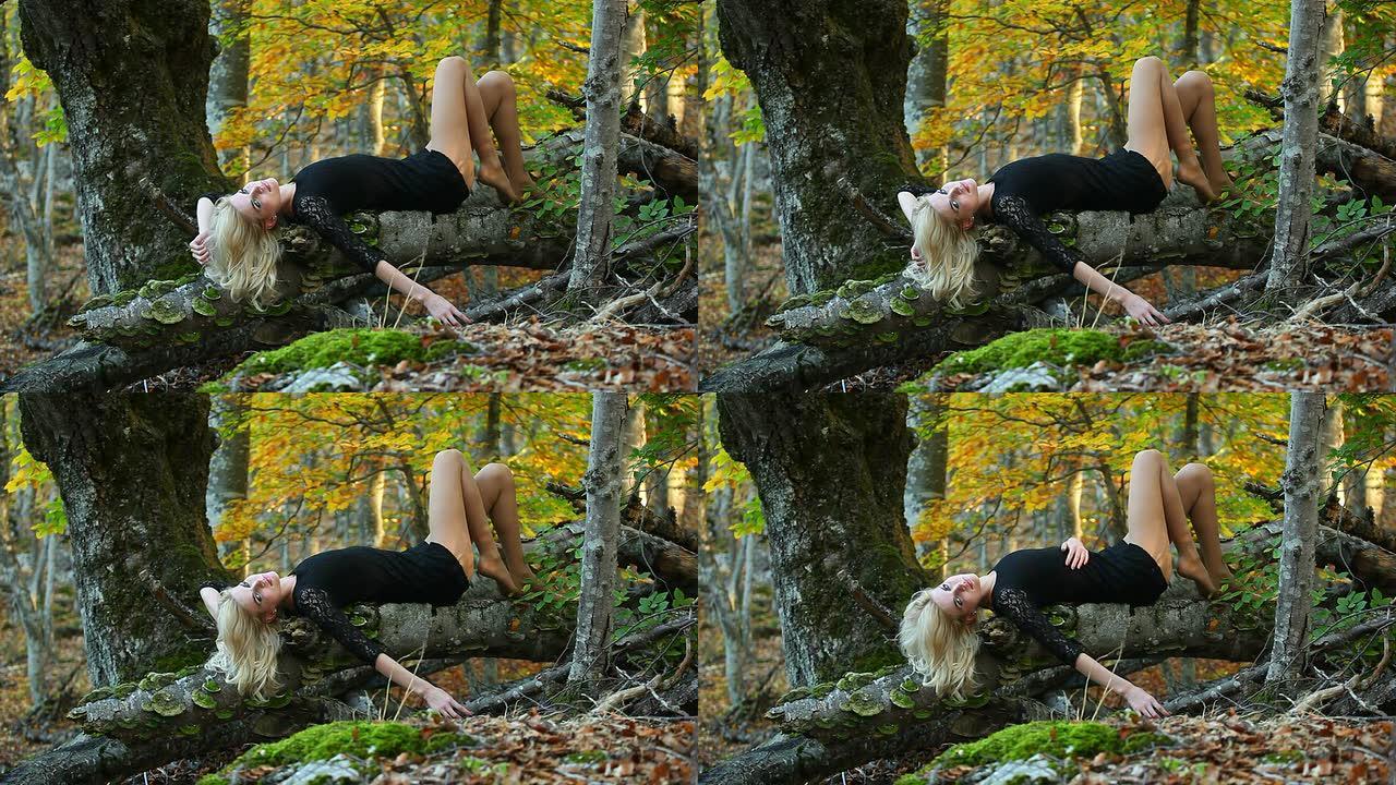性感女人躺在倒下的树上