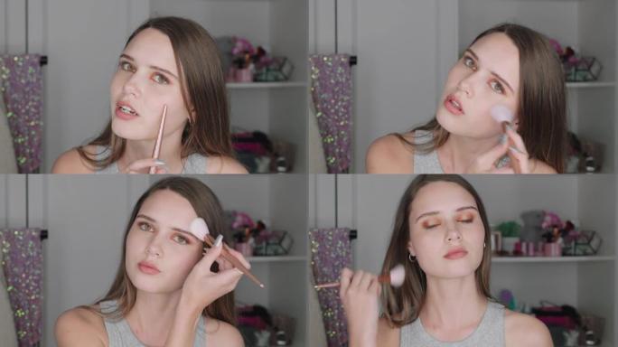 美丽的少女视频博客拍摄化妆教程分享美容视频享受社交媒体影响者在家录制视频