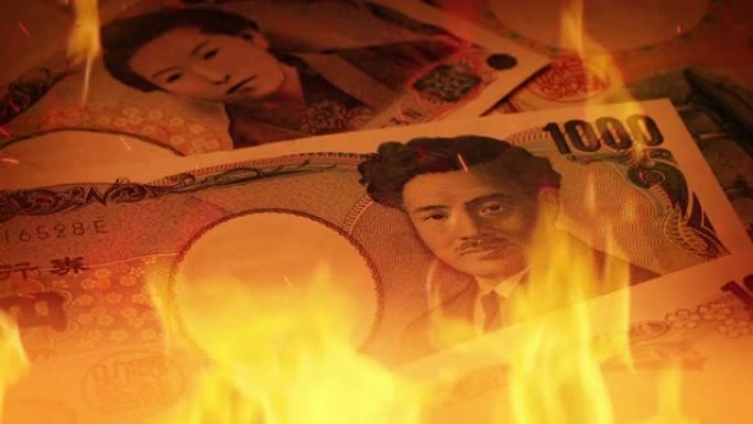 日元纸币在火焰中，经济概念