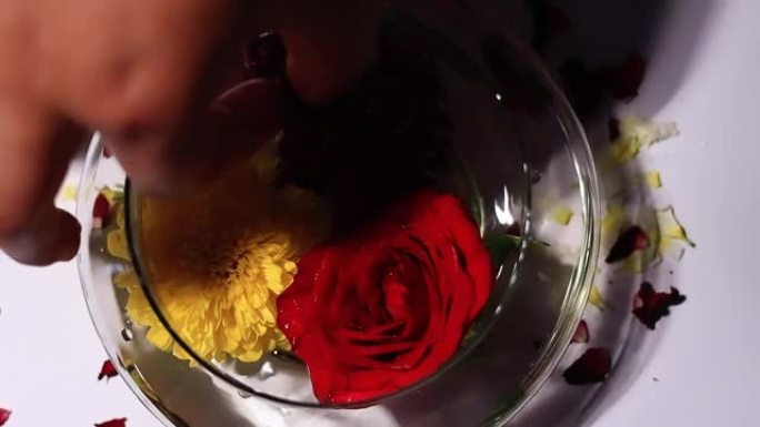 五彩缤纷的花朵在盛满水的碗里，桌面旋转查看。人工把花从水中取出来进行工作。