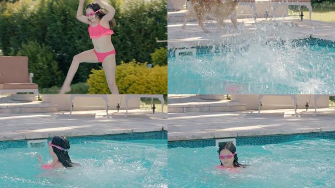 快乐的女孩跳进游泳池，在阳光明媚的日子里享受凉爽的水，孩子玩得开心，暑假在度假屋游泳，兴奋的狗嬉戏地