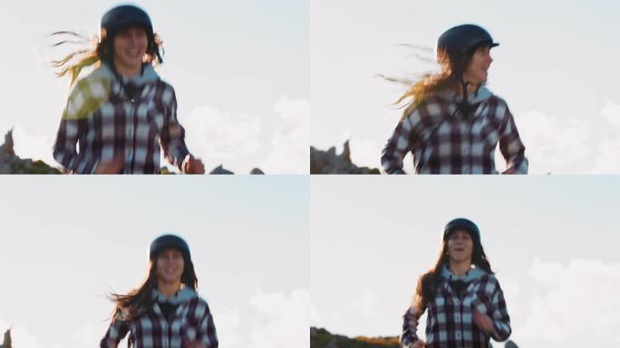 快乐的年轻滑冰女孩跑步享受微笑快乐的慢跑戴着防护头盔
