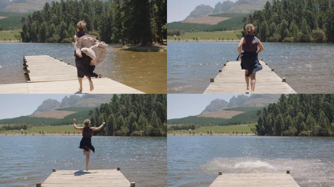 年轻女子在湖中奔跑，跳下码头，溅起水花，享受夏天的自由