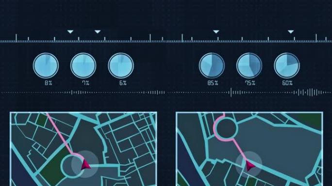 未来派多屏幕小工具面板，未来派HUD全息数字城市地图，导航动画之夜，导航城市地图GPS导航，本地化之