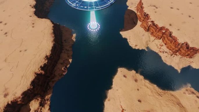 大型UFO悬停在洪水泛滥的大峡谷上的3D动画