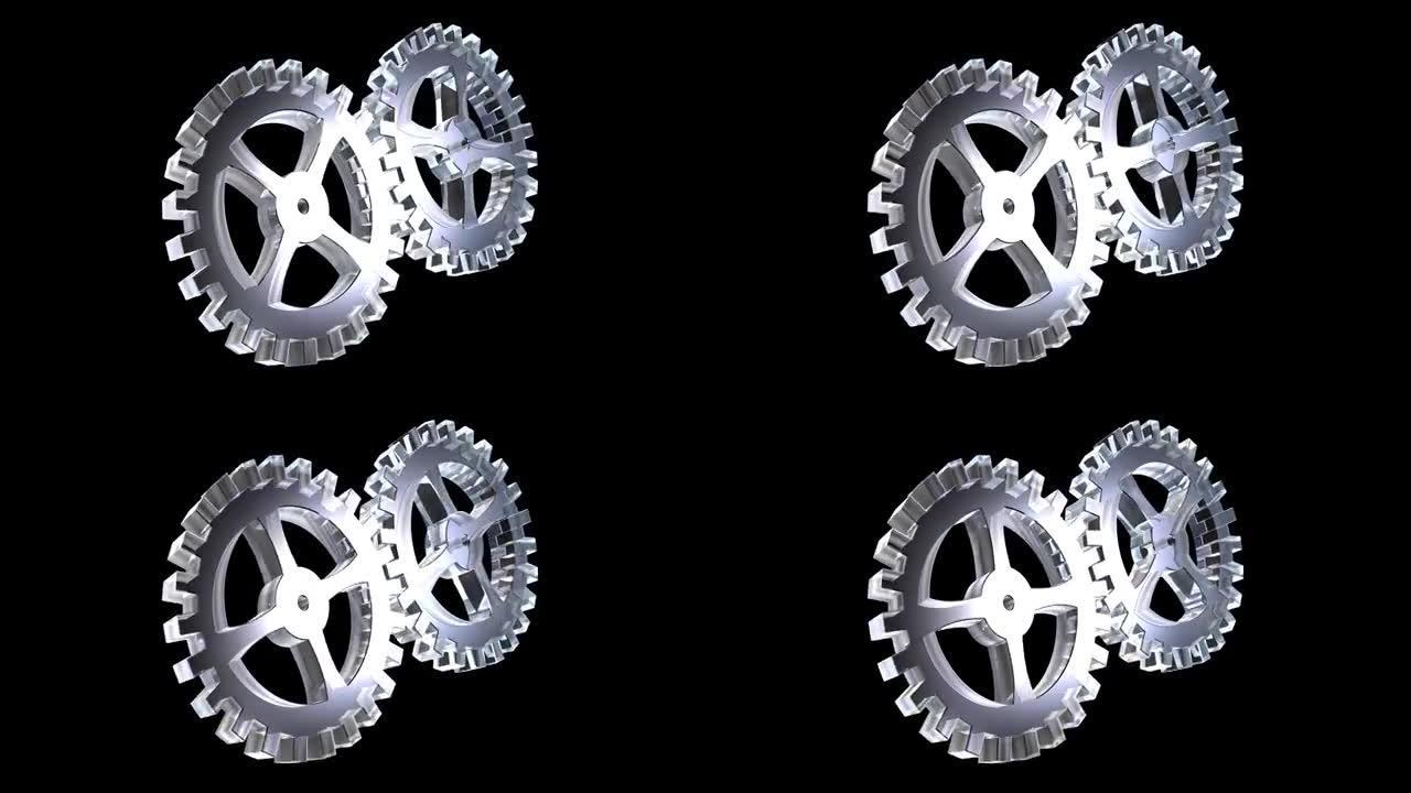 3D动画玻璃循环中的两个齿轮