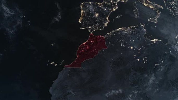 突出显示的摩洛哥黑色地图，通过4K照片真实动画地球从太空放大，全景包括非洲、西欧和美国。史诗旋转的世