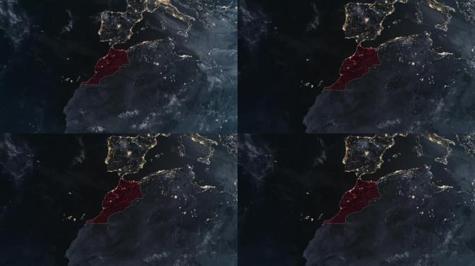 突出显示的摩洛哥黑色地图，通过4K照片真实动画地球从太空放大，全景包括非洲、西欧和美国。史诗旋转的世