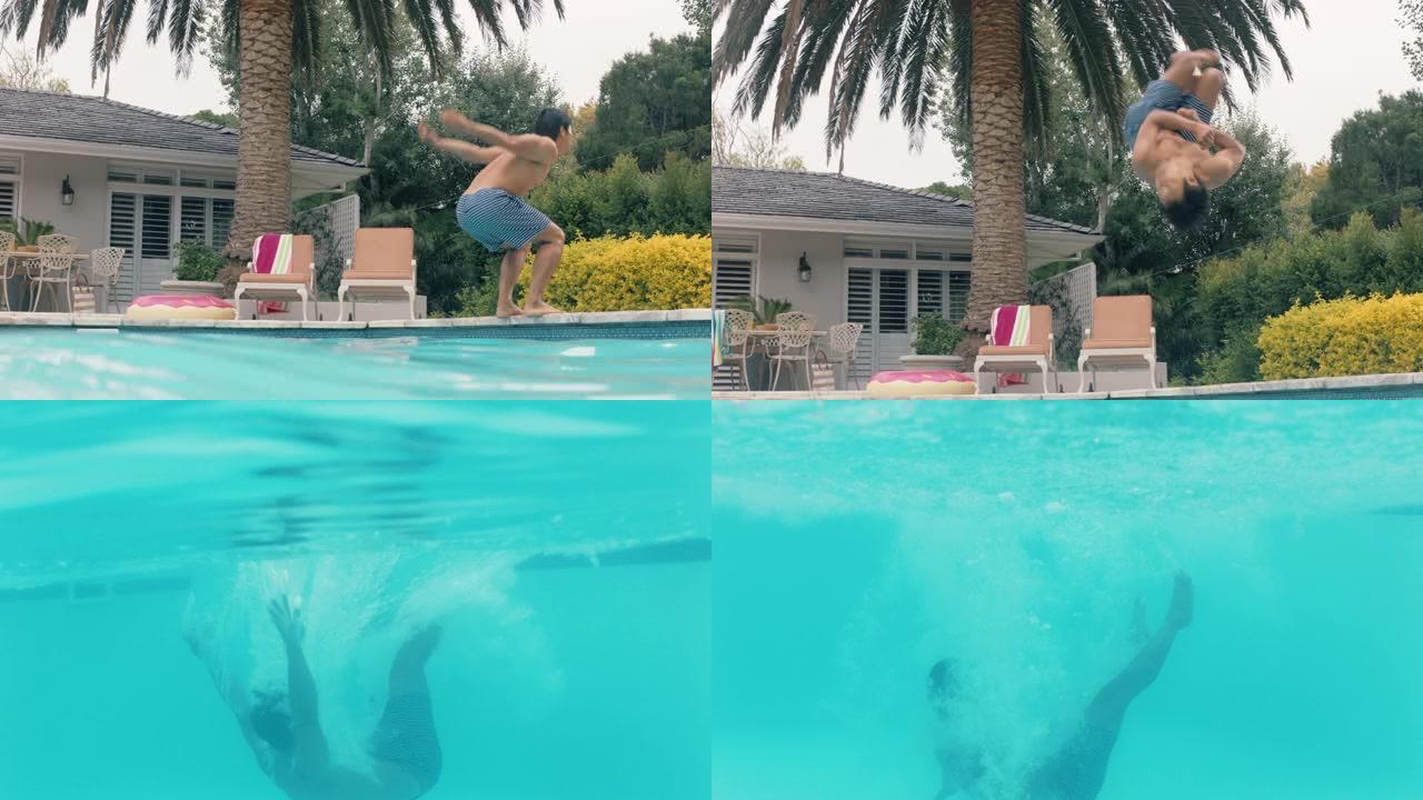 年轻的亚洲男子跳进游泳池做后空翻在水下嬉戏，在温暖的夏日享受游泳4k