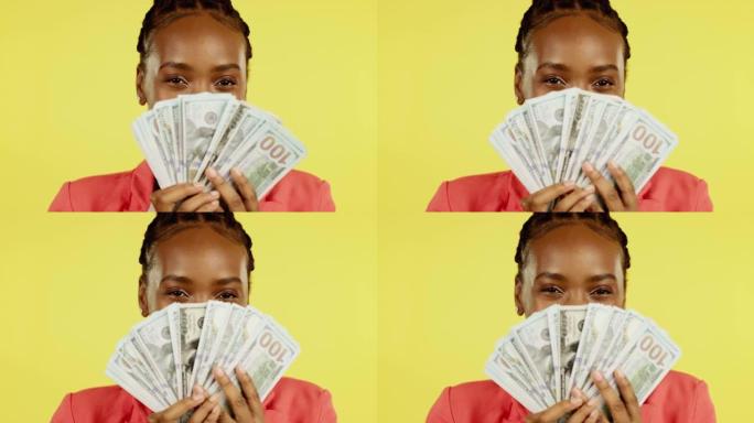 肖像，黑人妇女和金钱迷，美元模型，储蓄和利润的启动贷款孤立在黄色背景。现金，预算和奖金，在工作室空间