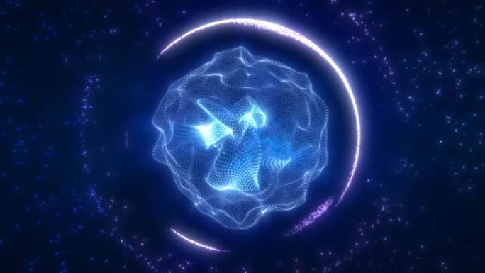 抽象蓝色循环能量球，来自黑暗背景上神奇发光的粒子和波，视频4k，60 fps