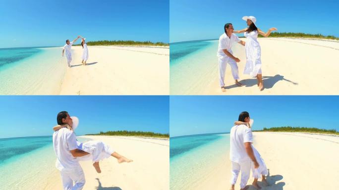 热带岛屿海滩上的幸福夫妇
