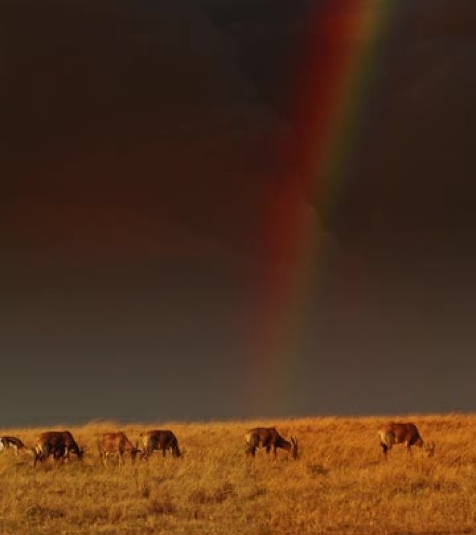 彩虹的风景，在野生动物保护区的草原上放牧的黑斑羚上狂风暴雨