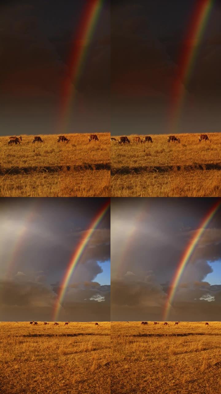 彩虹的风景，在野生动物保护区的草原上放牧的黑斑羚上狂风暴雨