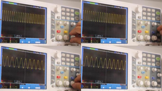 使用示波器测试计算机设备。计算机的维护和修理。示波器在操作。