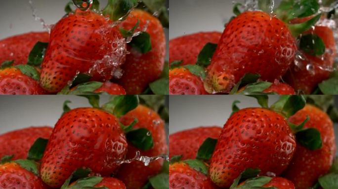 草莓和水飞溅，慢动作