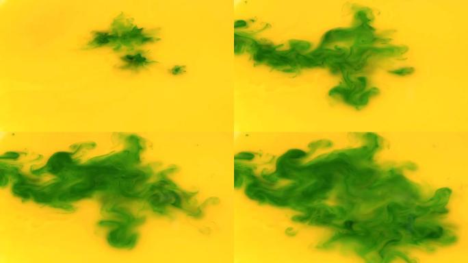 蓝色墨滴在黄色中反应，形成绿色漩涡