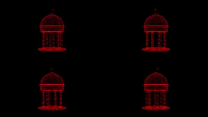 东方花园凉亭3D在黑色背景上旋转。运动中的全息图。物体溶解红色闪烁粒子60 FPS。不错的3D渲染