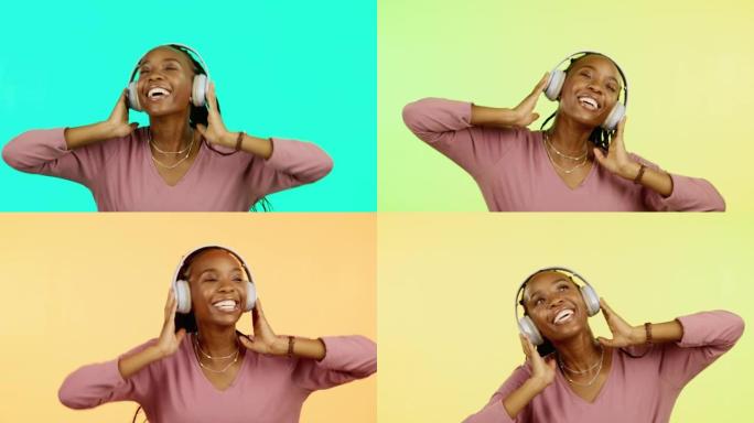 在studio for freedom，流媒体和在线广播中与黑人妇女一起跳舞，音乐和耳机。幸福，技术